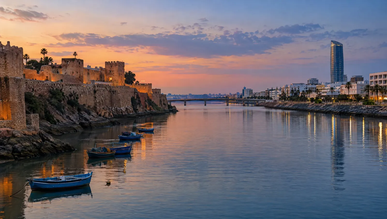 Rabat am Bou-Regreg in der Abenddämmerung